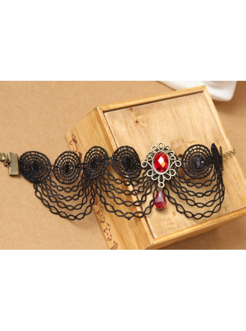 Gothic Fashion Wild Red Crystal Pop Retro Black Lace Tassel Female Anklet