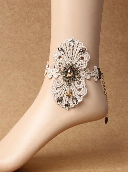 Palace Retro Fashion Party Travel Prom Golden Lace Flower Crystal Female Anklet