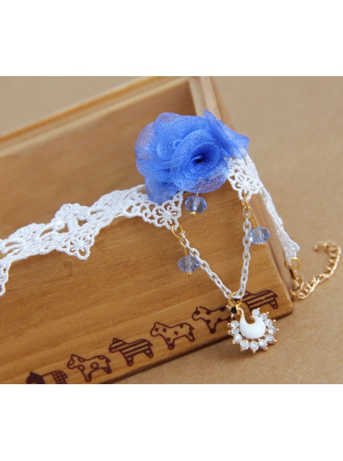 Handmade Fashion Retro Personality Blue Flower White Lace Moon Pendant Female Anklet