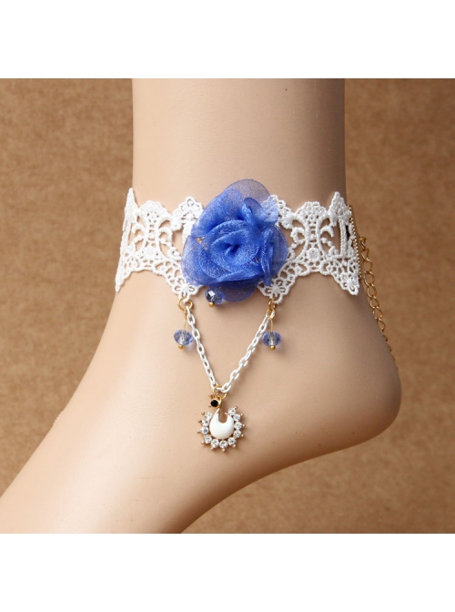 Handmade Fashion Retro Personality Blue Flower White Lace Moon Pendant Female Anklet