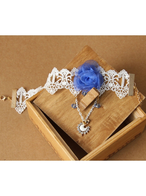 Handmade Fashion Retro Personality Blue Flower White Lace Moon Pendant Female Anklet