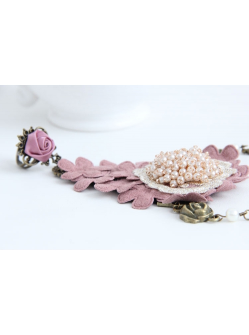 Cherry Blossom Fashion Retro Love Golden Lace Pearl Pink Rose Flower With Ring Female Bracelet