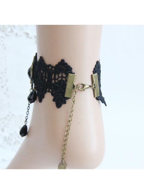 Gothic Black Lace Flower Tassel Drop Rhinestones Exquisite Fashion Retro Female Anklet