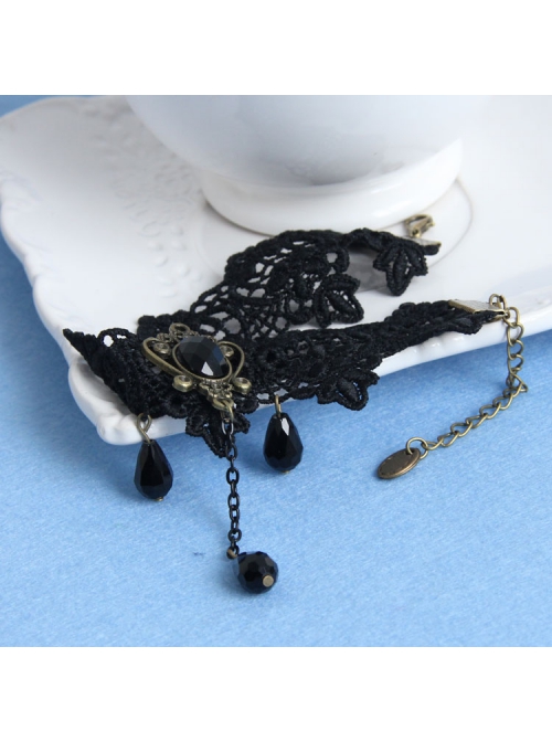 Gothic Black Lace Flower Tassel Drop Rhinestones Exquisite Fashion Retro Female Anklet