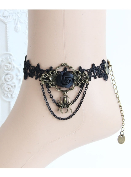 Retro Fashion Prom Black Rose Flower Lace Tassel Spider Female Anklet
