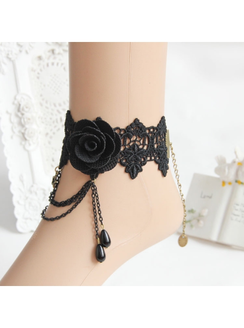 Retro Fashion Gothic Black Lace Rose Tassel Water Drop Pearl Star Flower Female Anklet