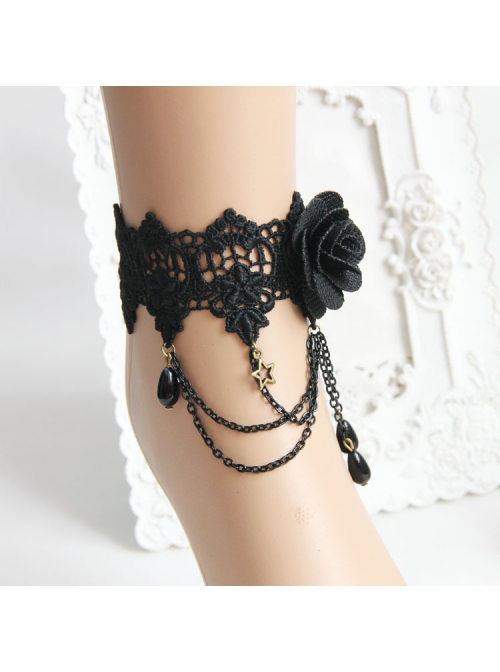 Retro Fashion Gothic Black Lace Rose Tassel Water Drop Pearl Star Flower Female Anklet