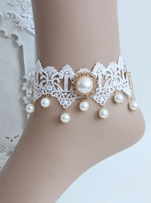 Handmade Retro Palace Fashion White Lace Pearl Female Anklet