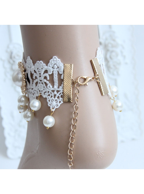 Handmade Retro Palace Fashion White Lace Pearl Female Anklet