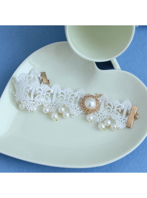 Handmade Retro Palace Fashion White Lace Pearl Female Anklet