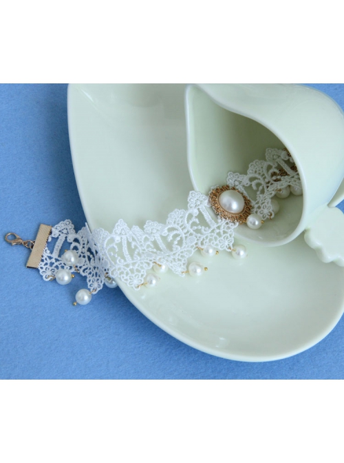 Handmade Retro Palace Fashion White Lace Pearl Female Anklet