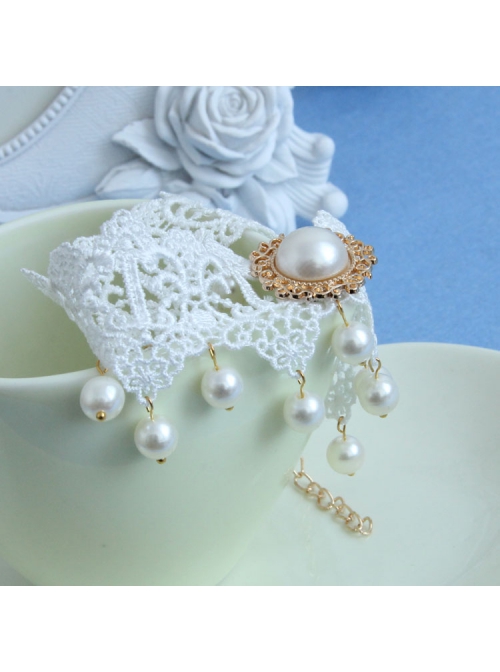 Handmade Retro Palace Fashion White Lace Pearl Female Anklet