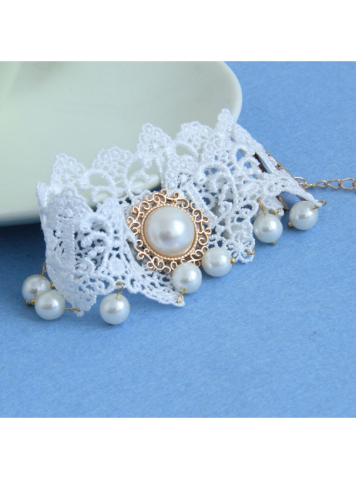 Handmade Retro Palace Fashion White Lace Pearl Female Anklet