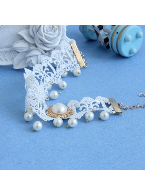 Handmade Retro Palace Fashion White Lace Pearl Female Anklet