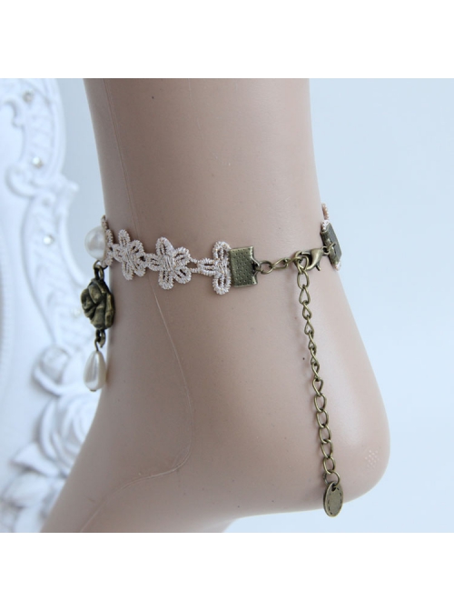 Exquisite Fashion Retro Baroque Golden Lace Pearl Rose Flower Female Anklet
