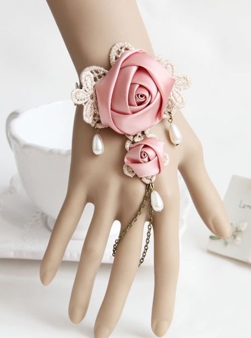 Fashion Retro Golden Lace Pearl Pink Rose Flower Female Band Ring Bracelet One Chain