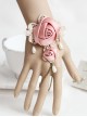 Fashion Retro Golden Lace Pearl Pink Rose Flower Female Band Ring Bracelet One Chain