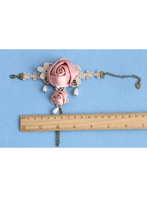 Fashion Retro Golden Lace Pearl Pink Rose Flower Female Band Ring Bracelet One Chain
