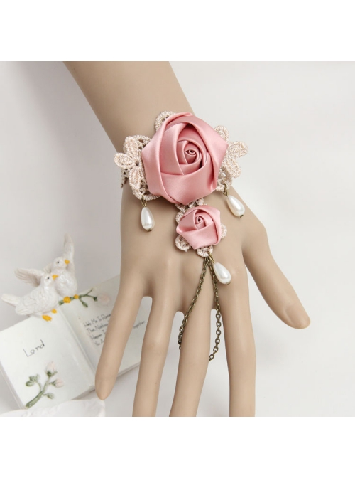 Fashion Retro Golden Lace Pearl Pink Rose Flower Female Band Ring Bracelet One Chain