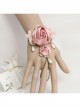 Fashion Retro Golden Lace Pearl Pink Rose Flower Female Band Ring Bracelet One Chain