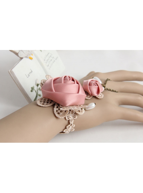 Fashion Retro Golden Lace Pearl Pink Rose Flower Female Band Ring Bracelet One Chain