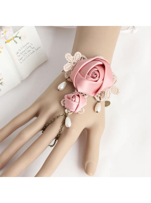 Fashion Retro Golden Lace Pearl Pink Rose Flower Female Band Ring Bracelet One Chain