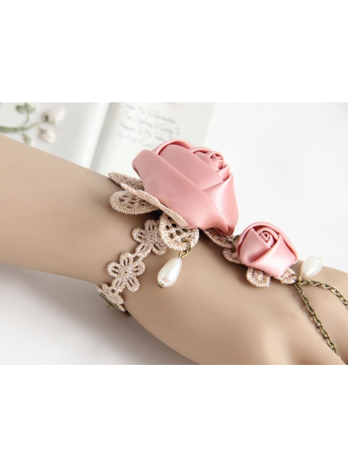 Fashion Retro Golden Lace Pearl Pink Rose Flower Female Band Ring Bracelet One Chain