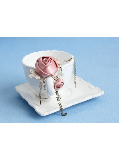 Fashion Retro Golden Lace Pearl Pink Rose Flower Female Band Ring Bracelet One Chain