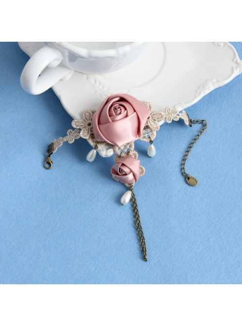 Fashion Retro Golden Lace Pearl Pink Rose Flower Female Band Ring Bracelet One Chain