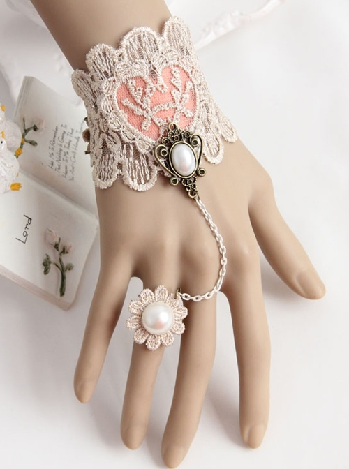 Handmade Retro Fashion Golden Lace Flower Pearl Pink Love Female With Ring Bracelet