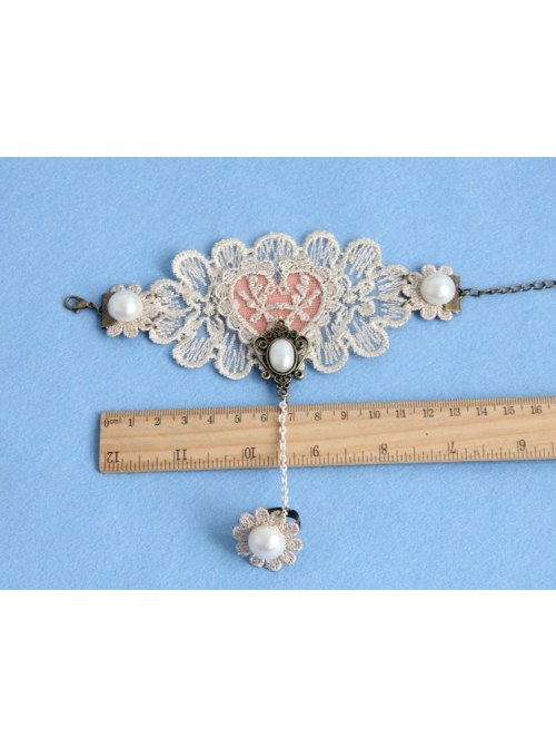 Handmade Retro Fashion Golden Lace Flower Pearl Pink Love Female With Ring Bracelet