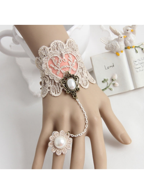 Handmade Retro Fashion Golden Lace Flower Pearl Pink Love Female With Ring Bracelet