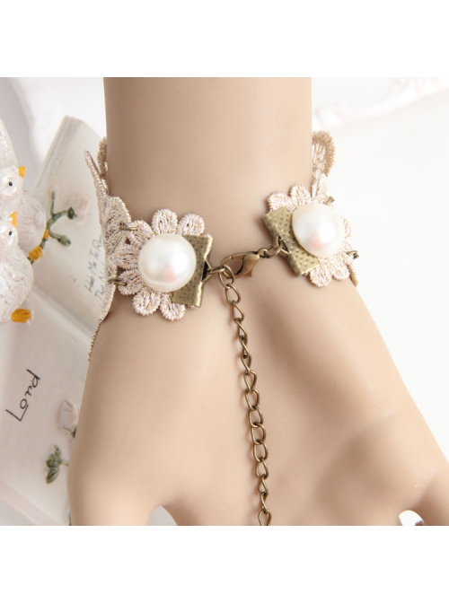 Handmade Retro Fashion Golden Lace Flower Pearl Pink Love Female With Ring Bracelet