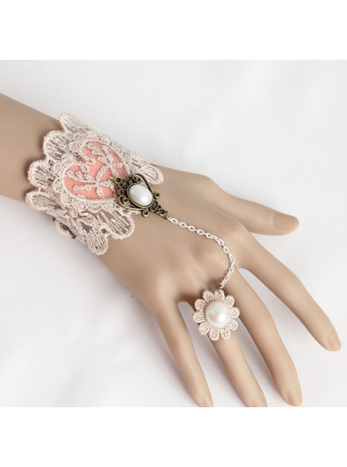 Handmade Retro Fashion Golden Lace Flower Pearl Pink Love Female With Ring Bracelet