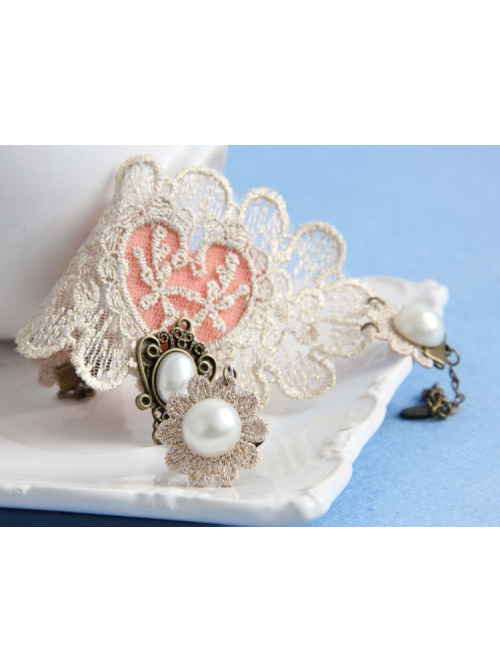 Handmade Retro Fashion Golden Lace Flower Pearl Pink Love Female With Ring Bracelet