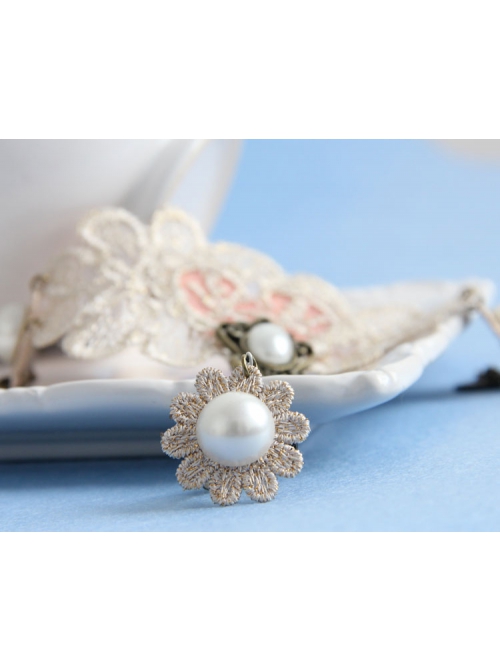 Handmade Retro Fashion Golden Lace Flower Pearl Pink Love Female With Ring Bracelet