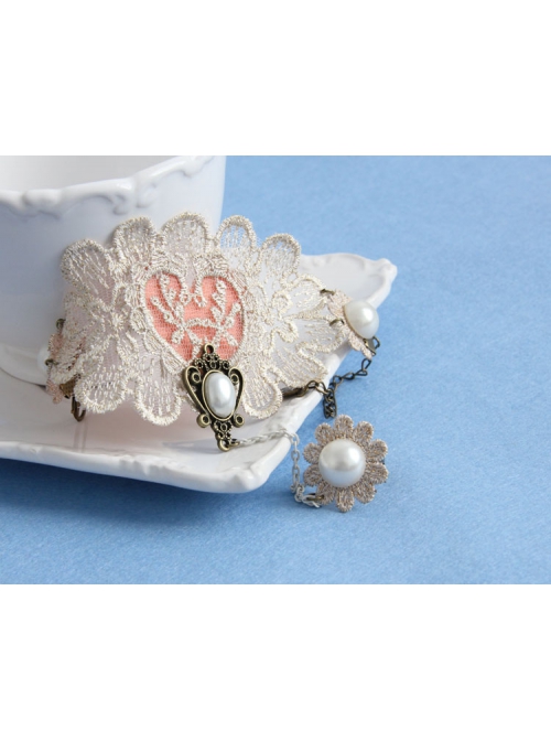 Handmade Retro Fashion Golden Lace Flower Pearl Pink Love Female With Ring Bracelet