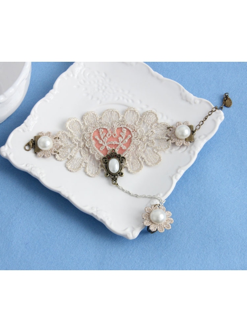 Handmade Retro Fashion Golden Lace Flower Pearl Pink Love Female With Ring Bracelet