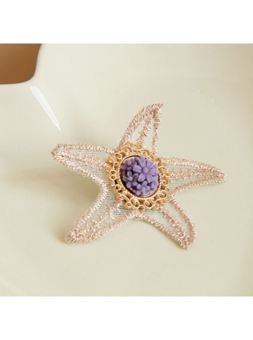 Retro Fashion Golden Lace Starfish Purple Flowers Palace Female Brooch