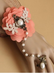 Palace Fashion Pink Flower Pearl Golden Lace Retro Female Bracelet With Ring One Chain