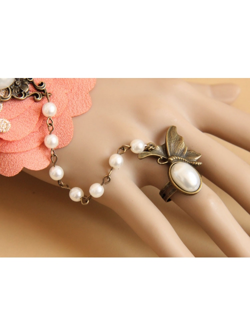 Palace Fashion Pink Flower Pearl Golden Lace Retro Female Bracelet With Ring One Chain
