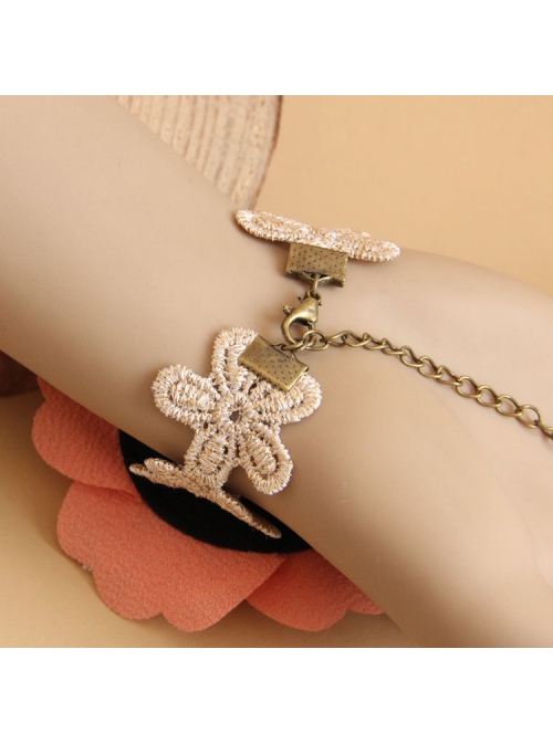 Palace Fashion Pink Flower Pearl Golden Lace Retro Female Bracelet With Ring One Chain