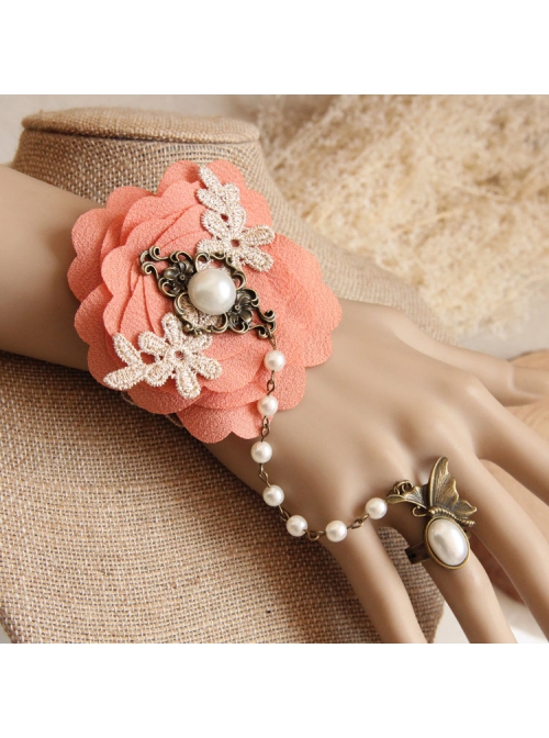 Palace Fashion Pink Flower Pearl Golden Lace Retro Female Bracelet With Ring One Chain