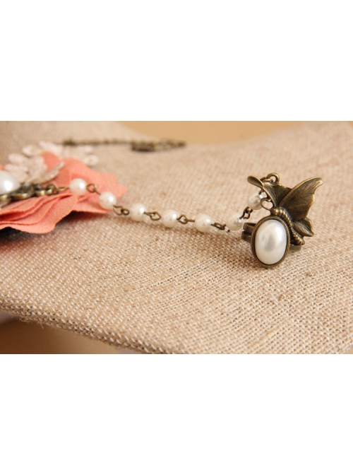 Palace Fashion Pink Flower Pearl Golden Lace Retro Female Bracelet With Ring One Chain