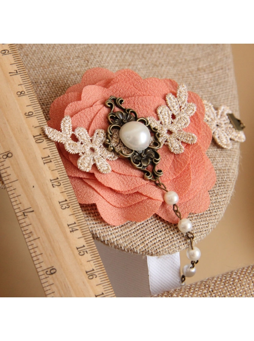 Palace Fashion Pink Flower Pearl Golden Lace Retro Female Bracelet With Ring One Chain