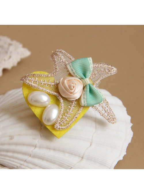 Handmade Retro Fashion Golden Lace Starfish Pearl Pink Rose Flower Green Bow Female Brooch