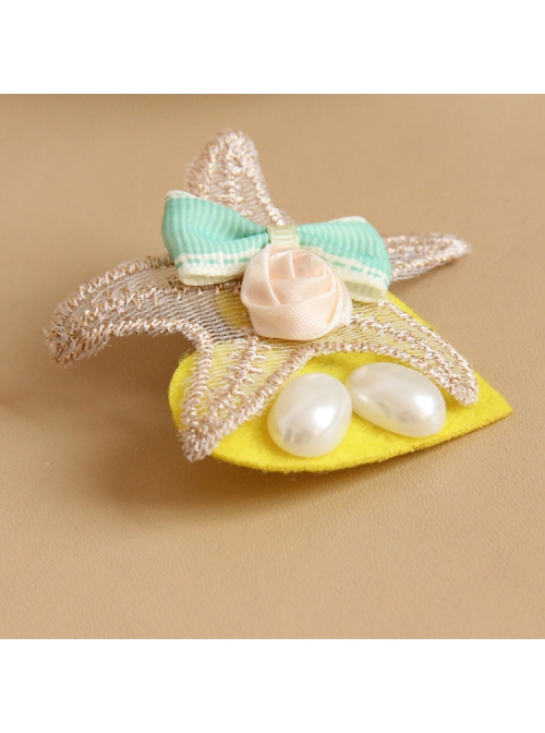 Handmade Retro Fashion Golden Lace Starfish Pearl Pink Rose Flower Green Bow Female Brooch