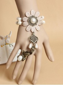 Retro Fashion Golden Flower Pearl Lace Female Bracelet With Ring One Chain