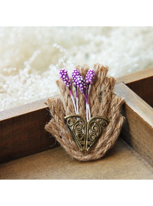 Handmade Cute Christmas Retro Fashion Female Hemp Rope Metal Flower Basket Purple Flower Small Brooch