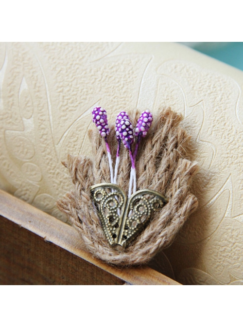 Handmade Cute Christmas Retro Fashion Female Hemp Rope Metal Flower Basket Purple Flower Small Brooch